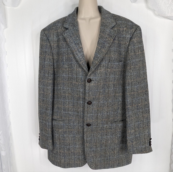 HARRIS TWEED Vintage Virgin Wool Herringbone Elbow Patch Blazer - Picture 3 of 14